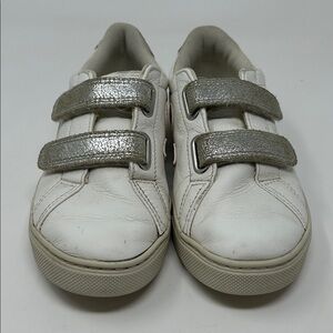 Veja White Leather Kids Sneakers w/Pink & Silver accents, little kid size 2